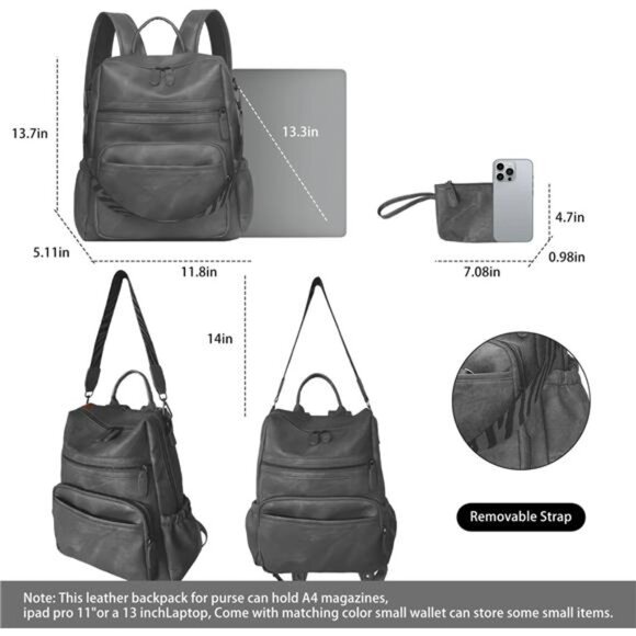 Women Backpack Purse Bag PU Leather Grey - Picture 5 of 7